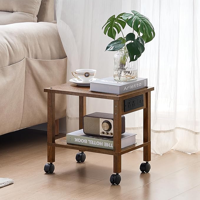 Lerliuo Under Desk Printer Stand with Charging Station, 2 Tier Wooden Small Printer Table with Storage, Rolling Printer Cart Shelf with Lockable Wheels for Home, Office (Brown)