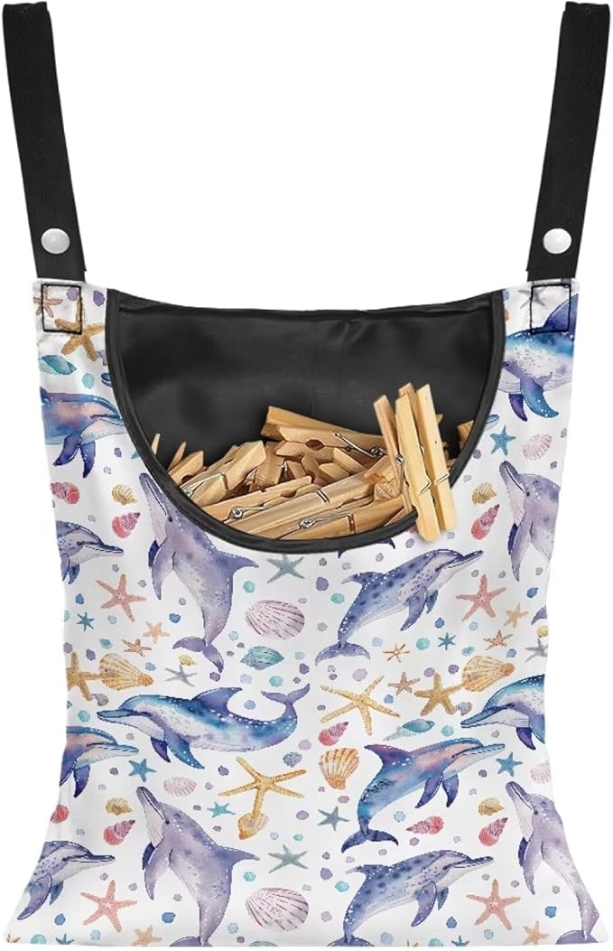 Cute Dophin Clothespin Bag Clothespin Storage with Hanger Hook Canvas Clothespin Bag with Large Opening Space-Saving Clothespin Holder Clothespin Bag for Outdoor Use, 1 Pack, CZB94