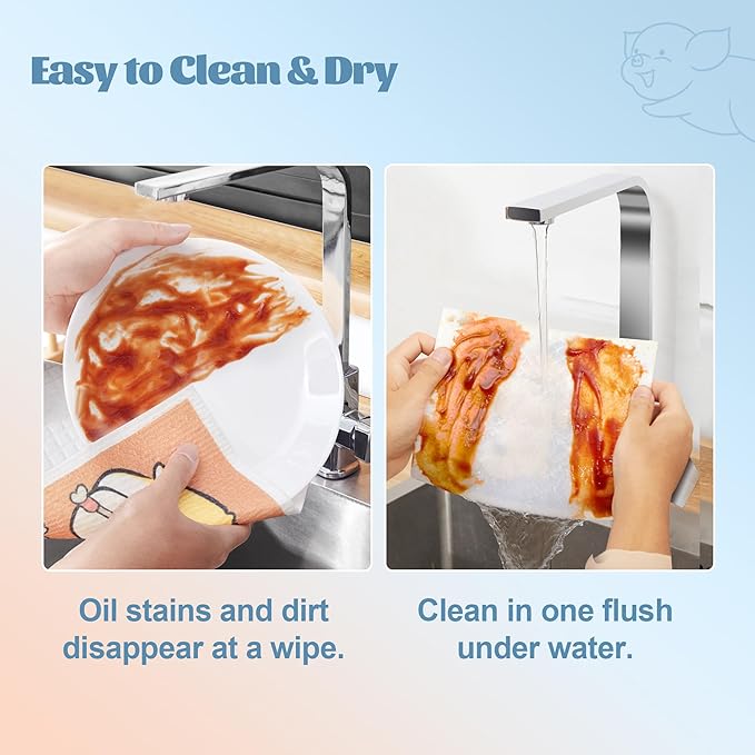 JOYMOOP Cartoon Cellulose Cleaning Cloth, Reusable Absorbent Dish Towels, Non-Scratch Washable Rags for Cookware, Kitchen and Household Cleaning - 12pcs, 6.7×7.9inch