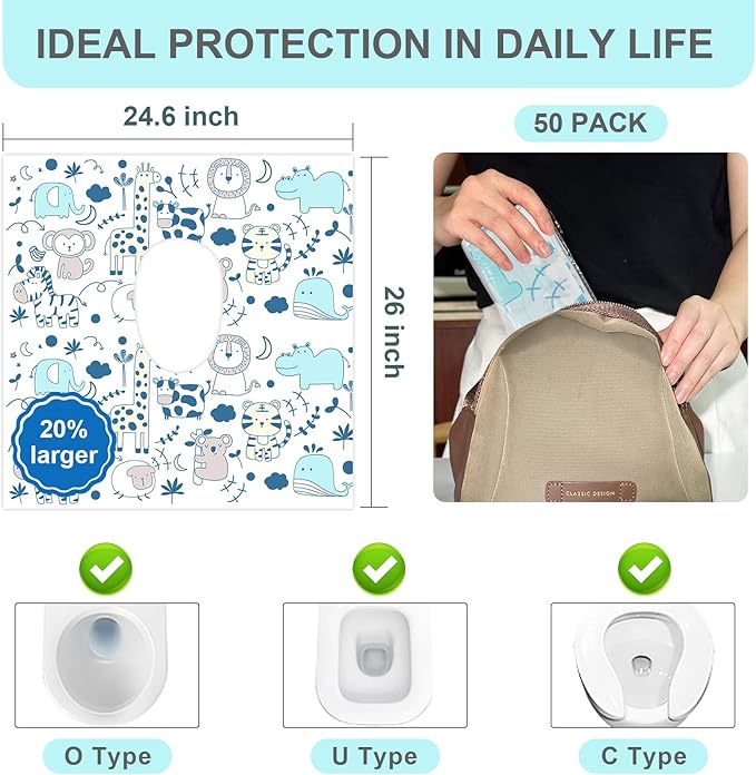 Toilet Seat Covers Disposable, 50 PCS Extra Large Waterproof Toilet Potty Seat Covers for Toddlers, Kids Potty Training, Potable Potty Seat Covers Travel Essentials for Airplane, Public Restroom,Trip