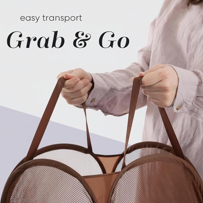 Handy Laundry Collapsible Mesh Pop Up Hamper with Wide Opening and Side Pocket - Breathable, Sturdy, Foldable, and Space-Saving Design for Clothes and Storage (Brown)