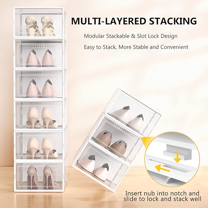 Secret Space 12 Pack Large Shoe Organizer Storage Boxes for Closet, Modular Space Saving Shoe Boxes Clear Plastic Stackable Sneaker Containers Display Case with Lids, White02