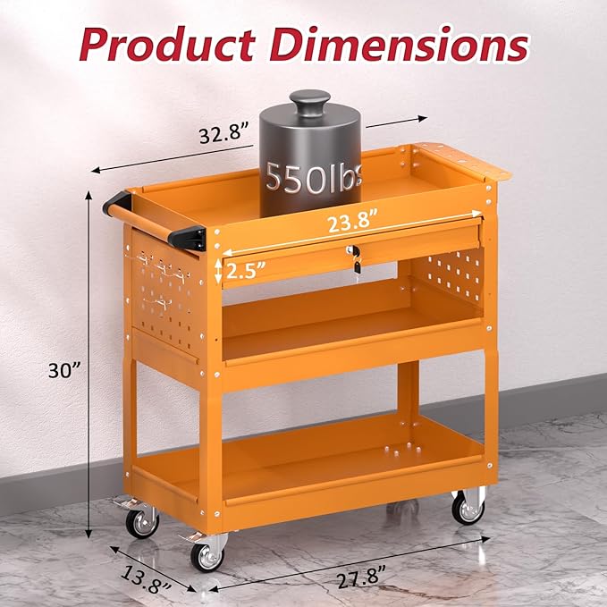 3 Tier Rolling Tool Cart on Wheels, Heavy Duty Service Cart Industrial Utility Cart with Drawer and Screwdriver Rack Pegboard, 550 LBS Mobile Tool Storage Organizer for Garage, Workshop (Orange)