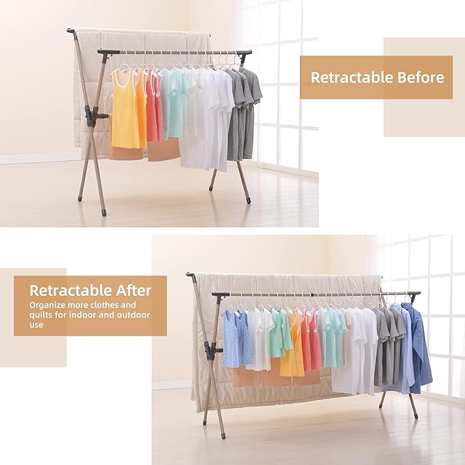Clothes Drying Rack, Adjustable and Foldable Laundry Rack, Space Saving Hanger Rack, Retractable 47-79 Inch Clothes Rack Heavy Duty Garment Rack for Indoor/Outdoor