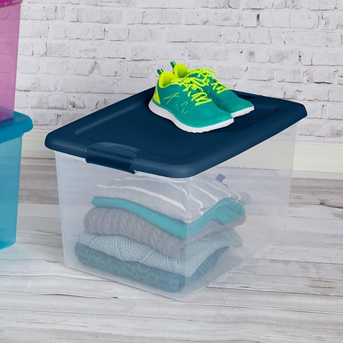Sterilite 6-Pack Color Program, Large Clear Plastic Storage Bins with Lids, 64 Quart, Blue - Stackable Organizing Container Boxes for Closet, Bathroom, and Office