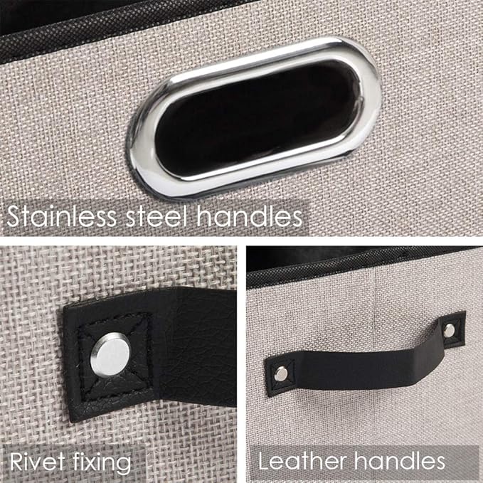 PRANDOM Large Fodable Storage Bins for Closet [5-pack] Decorative Linen Fabric Storage Bins Cubes with Leather/Metal Handles for Shelves Bedroom Living Room Light Grey (14.9x9.8x8.3 Inch)