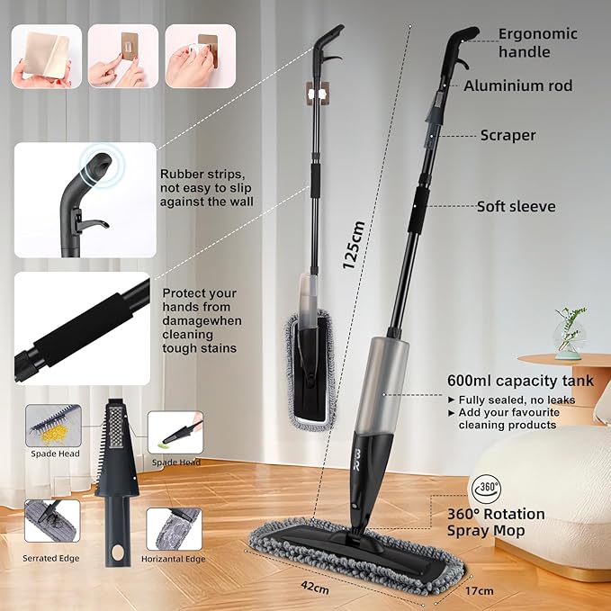 Microfiber Spray Mop for Floors Dry and Wet Mop with Dusting 360 Rotation for Kitchen, Hardwood, Laminate, Tile Floors Includes 6 Refill Heads, Scraper, Holder & Spray Bottle