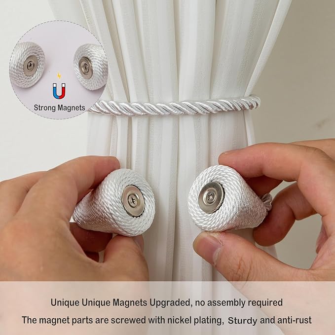 Magnetic Curtain Tiebacks 8 Pack Outdoor Rope Curtain Tie Backs Decorative Window Treatment Holdbacks for Home Decorative Curtain, White