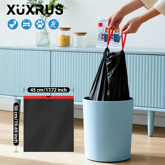 XUXRUS 2.6-3 Gallon Black Bathroom Drawstring Trash Bags - 60 Count Folded Small Garbage Bags, Tear-Resistant & Leak-Proof, Odor Control Liners for Bathroom, Kitchen, Office – Heavy Duty Trash Bags
