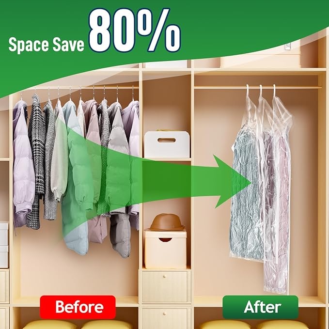 Hanging Vacuum Storage Bags For Clothes With Hand Pump,Coat Storage Bag Hanging,Vacuum Bags For Clothes,Space Saver Vacuum Storage Bags,Garment, Clothing, Dress, Suit, Long Coat, Jacket(Short 6 Pack）