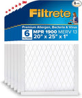 Filtrete 20x25x1 AC Furnace Air Filter, MERV 13, MPR 1900, Premium Allergen, Bacteria & Virus Filter, 3-Month Pleated 1-Inch Electrostatic Air Cleaning Filter, 6-Pack (Actual Size 19.69x24.69x0.78 in)