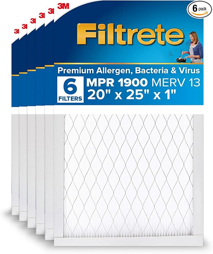 Filtrete 20x25x1 AC Furnace Air Filter, MERV 13, MPR 1900, Premium Allergen, Bacteria & Virus Filter, 3-Month Pleated 1-Inch Electrostatic Air Cleaning Filter, 6-Pack (Actual Size 19.69x24.69x0.78 in)