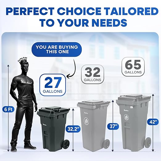 27 Gallon Outdoor Trash Can with Lid and Wheels Small Outdoor Garbage Can with Wheels Outside Heavy-Duty Rolling Trash Bin for Home Office Commercial Use, Gray