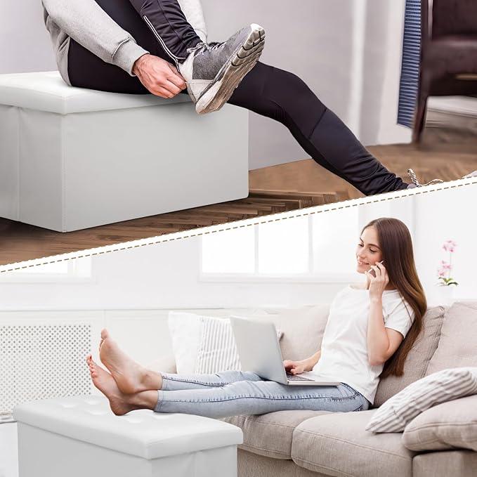 Athena Collection 30" Storage Ottoman Bench Folding Bench with 90L Hidden Storage, Large End of Bed Bench PU Leather Foot Rest Stool Chest with Flipping Lid for Living Room, Bedroom, Entryway, White