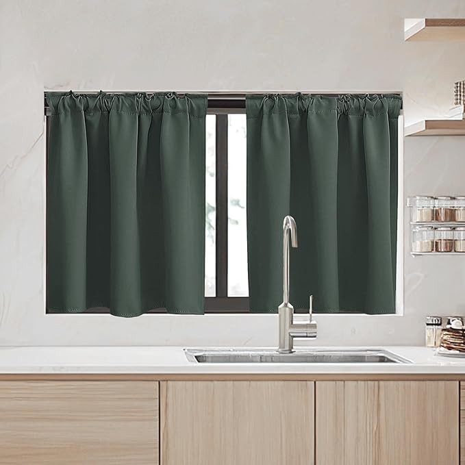 RYB HOME Dark Green Small Blackout Window Curtains - Insualting Privacy Curtains for Kids Bedroom Kitchen Bathroom Basement Cafe Cabinet Tiers Drapes, 34 Width x 24 Length, 2 Panels