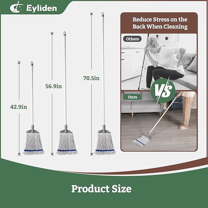 Eyliden String Mops for Floor Cleaning, Heavy Duty Looped-End Commercial Mops with Extra Mop Head Replacement, Universal Industrial Cotton String Mop for All Surfaces, Kitchen Bathroom Home