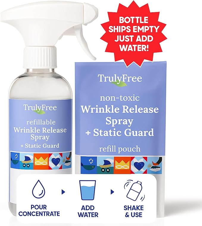 Truly Free Wrinkle & Static Releaser - Wrinkle Release for Clothes, Linen, & Sheet Fabrics - Static Guard Spray - Plant-Based - 1 Pouch 3oz Refill with 12oz Reusable Empty Spray Bottle
