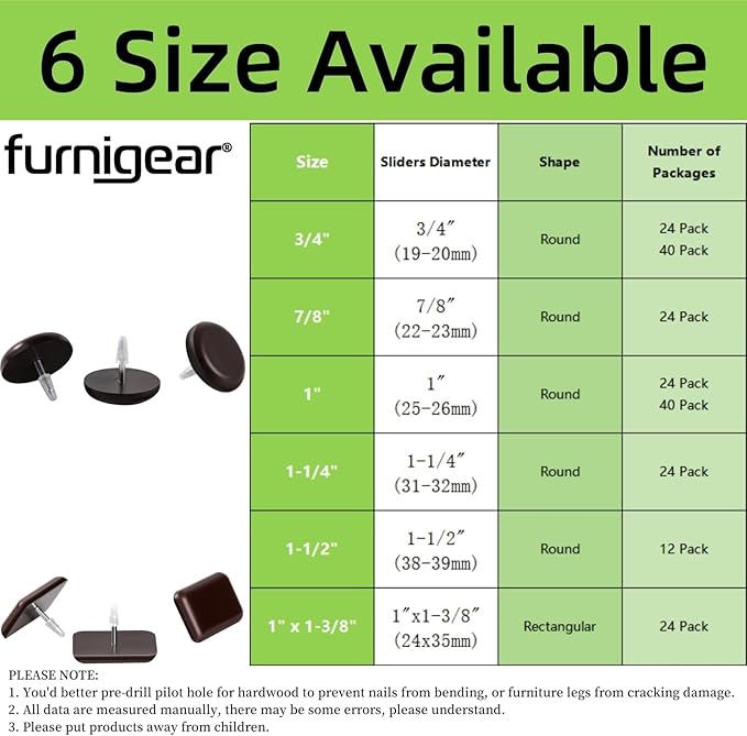 3/4“ Nail on Furniture Sliders (24 Pack) - Furnigear Heavy Duty PTFE (Teflon) Chair Leg Slider Glide Wooden Furniture Movers Move Your Furniture Easily & Safety - Best Floor Protector Brown