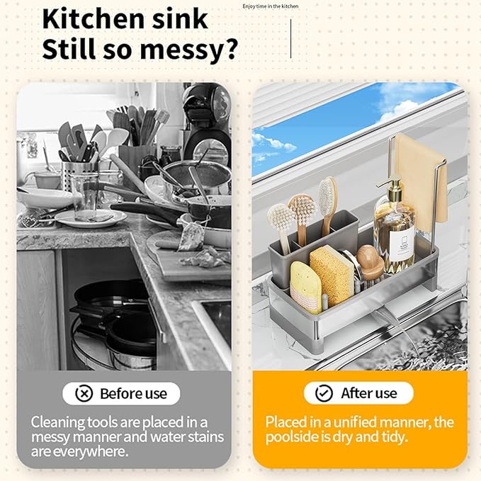 Sponge Holder for Kitchen Sink,Sink Caddy Organizer with Removable Brush Holder,Kitchen Countertop Soap Dispenser Storage with Detachable Towel Rack, Grey