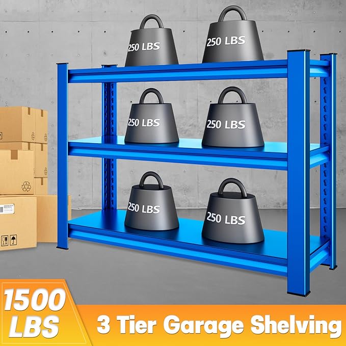 40" W Garage Shelving Heavy Duty，1500LBS Loads Adjustable Garage Storage Shelves,3-Tier Metal Storage Racks and Shelving Units, Utility Rack Shelves,40”W x 18”D x 36”H,Blue