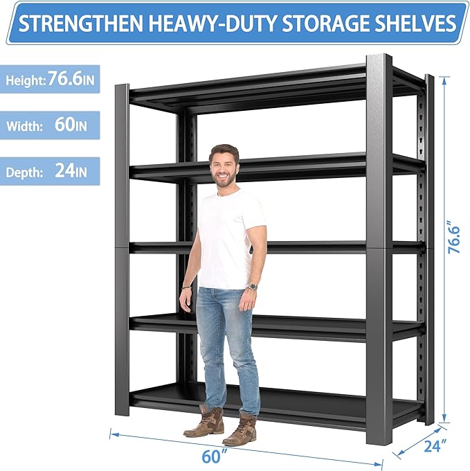 5-Tier Garage Shelving Heavy Duty, 3000 LBS Capacity Metal Storage Rack 24" D x 60" W x 76" H, Adjustable Steel Shelves Unit for Garage, Warehouse, Basement, Pantry, Workshop.1 Pack