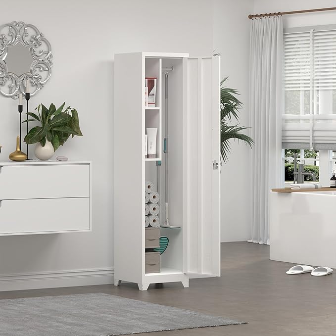 Slim Broom Storage Cabinets, Metal Cabinet with Shelves and Hanging Rod, 65" Utility Storage Cabinet with Locking Door, Tall Cleaning Cabinets for Kitchen, Pantry, Office, Shop, Garage