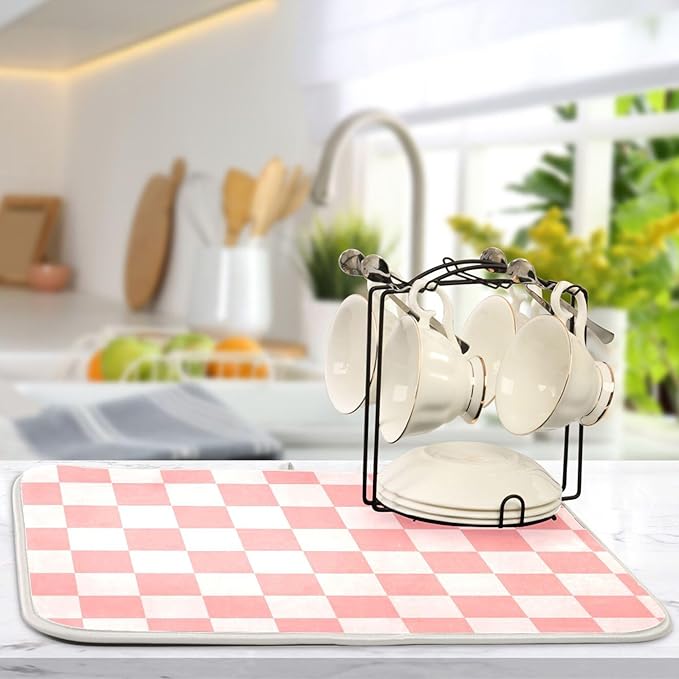 Buffalo Plaid Pink Dish Drying Mat for Kitchen Countertop 16x18 Chessboard Rectangle Small Drying Mat Reusable Quick Dry Dish Sink Absorbent Mats Dishwasher Easy Clean Decorative Home Essentials
