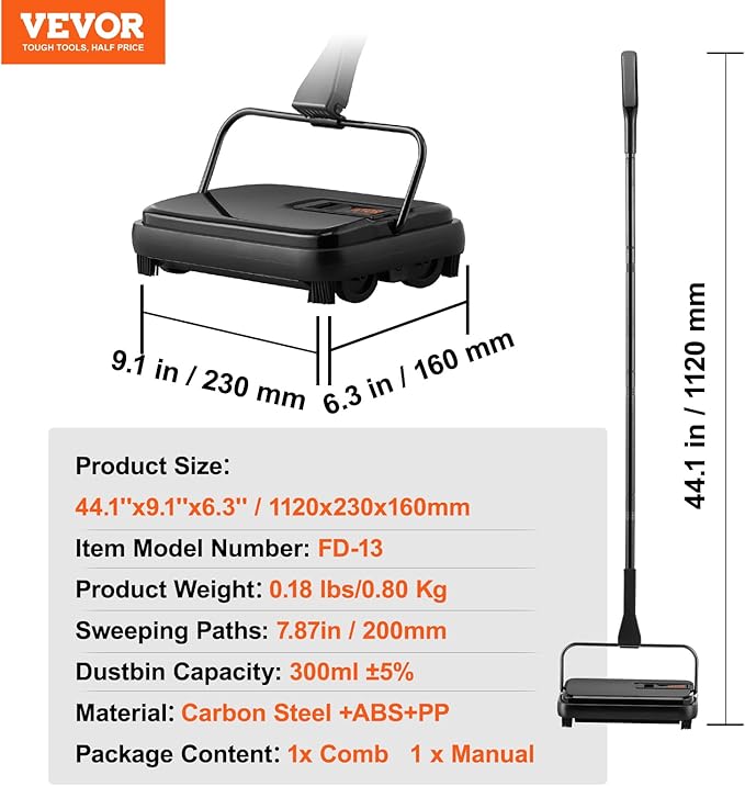 VEVOR Carpet Sweeper Manual, Floor Sweeper with 300 ml Dustbin Capacity Easy to Empty, for Home Office Carpets Pet Hair Dust, Black