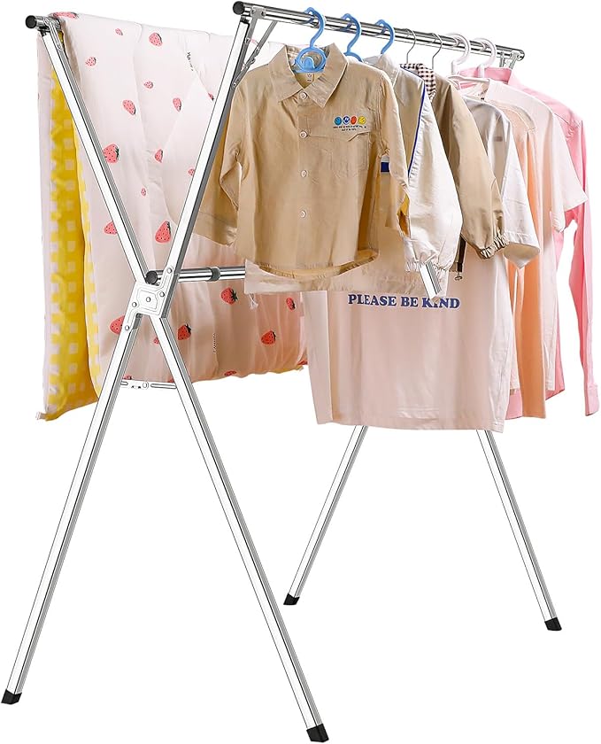 funest Drying Rack Clothing, 79 Inches Adjustble & Foldable Laundry Drying Rack, Heavy Duty Stainless Steel Clothes Drying Rack with 20 Hooks, 12 Clips, Suitable for Indoor, Outdoor and Balcony