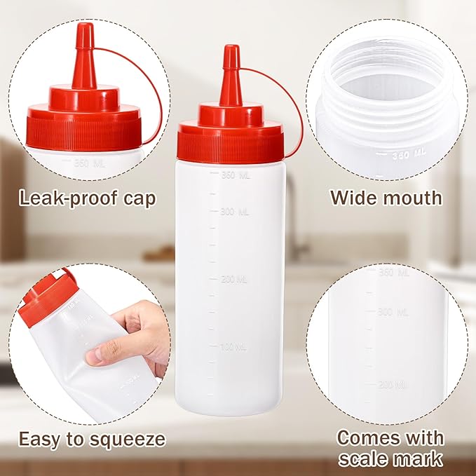 Squirt Bottles for Sauces Ketchup Bottles Squeeze, 2 Pack 12oz Condiment Squeeze Bottles for Liquids BBQ Dressing Pancake Art, Plastic Sauce Bottle with Cap Lid