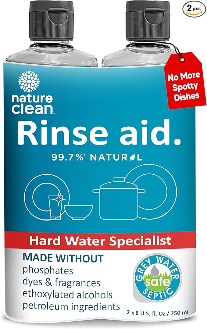 Nature Clean Natural Dishwasher Rinse Aid Liquid, Plant-Based Dishwasher Drying Agent with 99.7% Natural Ingredients, Unbelievable Power and No Nasty Chemicals. Hard Water Stain Remover. 8 oz 2-pack