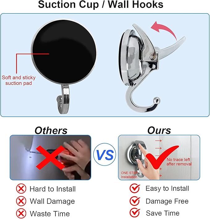 Suction Cup Hooks - Heavy Duty Glass, Reusable, No Hole Punched, for Bathroom Robe & Garland (Silver, 4 Pack)