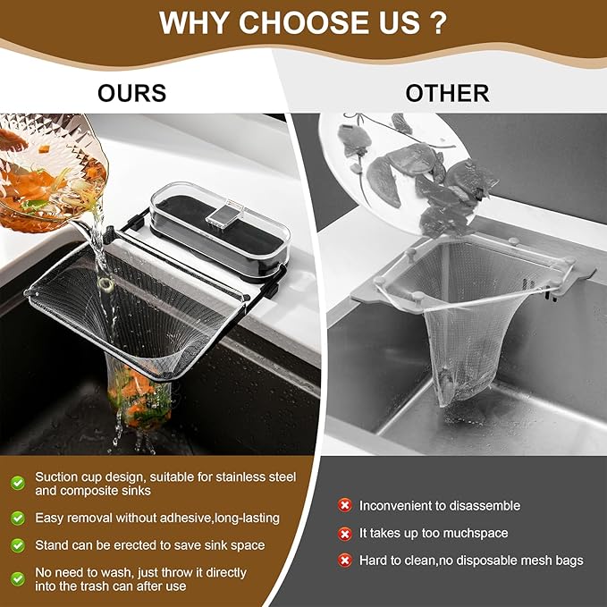 Kitchen Sink Drain Strainer Basket Holder - 50 Mesh Net Bags for Food Scraps, Kitchen Sink Food Catcher & Garbage Disposal Strainer (black)