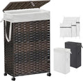 70L Slim Laundry Hamper with Lid & Wheels, Rolling Laundry Basket with 2 Removable Liner Bags & 3 Mesh Bags, Narrow Dirty Clothes Basket, Foldable Handwoven Rattan Laundry Sorter, Brown
