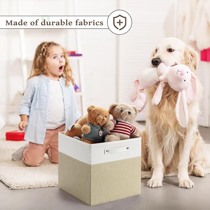 13 x 13 Inch Fine Linen Storage Bins with Handles，Fabric Cube Boxs，Collapsible Basket Organizers for Shelves for Home, Closet Drawers (White/Khaki-6 Pack)