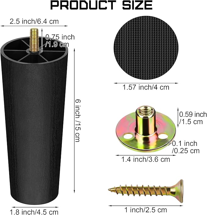 TURSTIN 8 Pack 6 Inch Plastic Furniture Legs with M8 T-Nuts Screws Tapered Sofa Couch and Chair Legs Replacement Furniture Legs for DIY Projects Sofas Coffee Tables Dressers Beds