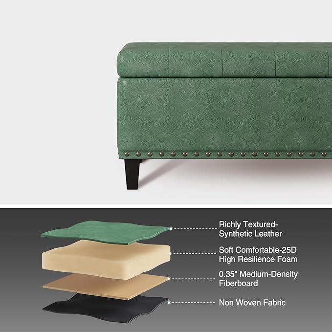 Storage Ottoman Bench, 51-Inch Large Storage Bench for Bedroom End of Bed, 30 Gallons Faux Leather Bench for Bedroom, Living Room, Entryway, Hallway, Green