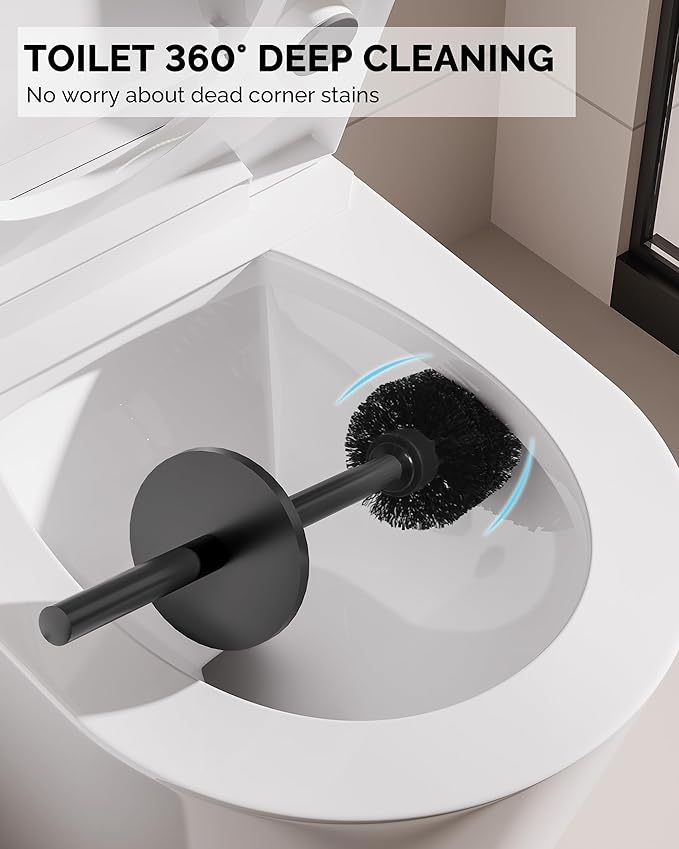 Toilet Brush and Holder Set, 2 Pack Stainless Steel Toilet Bowl Brush with Lid, Rust Proof Toilet Cleaner Brush with Caddy, Durable Bristles, Splash Proof, Ideal for Bathroom（Matte Black）