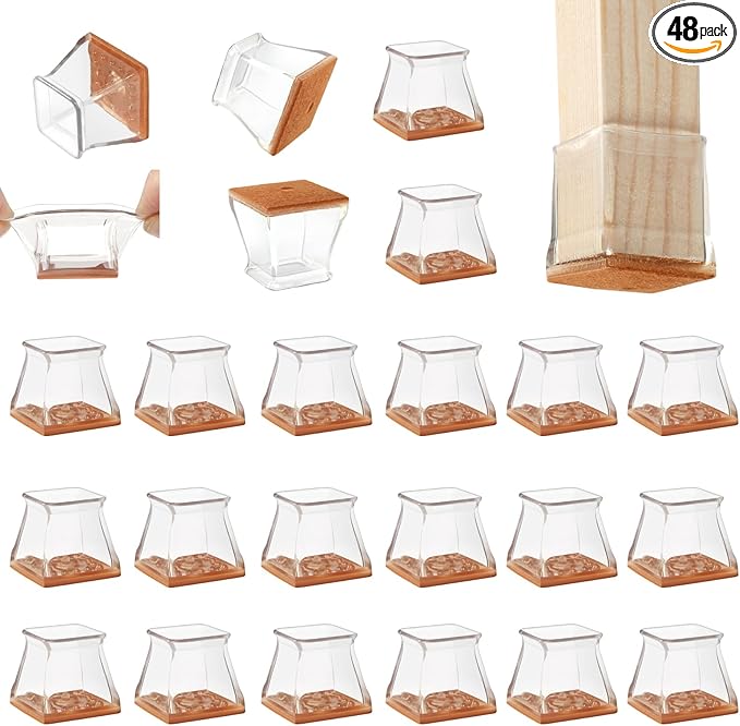 CHUNZEXI 48 Pack Square Chair Leg Floor Protectors for Hardwood Floors, Silicone Felt Covers Pads Caps, Protect Wood Furniture Feet Floors Noise Reduce and Scratch (Square Large & Clear)