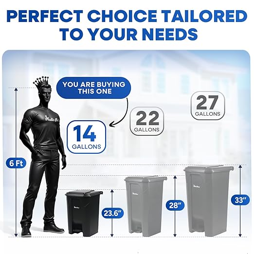 14 Gallon Step-On Trash Can/Container, Black Plastic Dustbin with Lid and Foot Pedal, Hands-Free Disposal