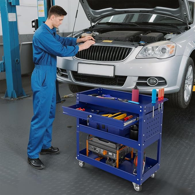 3 Tier Rolling Tool Cart with Drawers, 450 LBS Capacity Tool Cart on Wheels, Heavy Duty Rolling Utility Cart with Drawers, Rolling Utility Carts for Garage, Warehouse and Repair Shop,Blue
