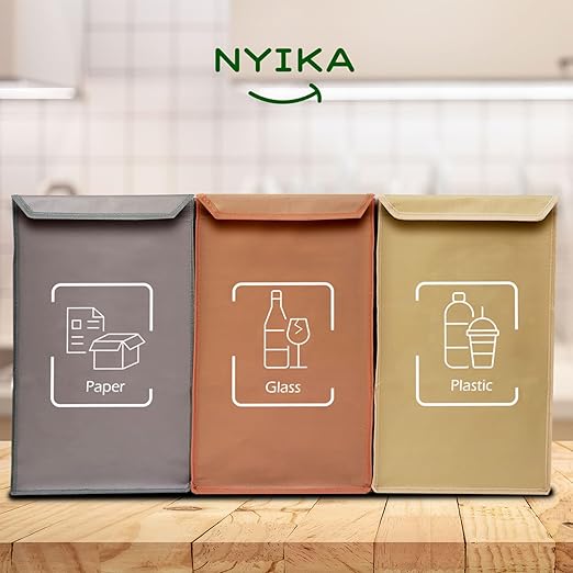 NYIKA - Recycling Organizer - Reusable Recycling Bags - Recycling Sorter - Trash Sorting Bins - 3 Compartment Recycle - Pack of 3 Bags with Lid