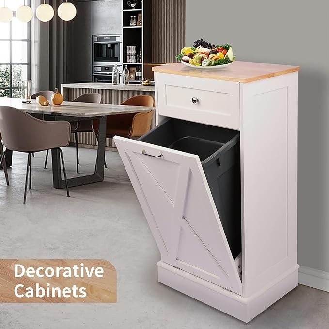 Betterhood Tilt Out Trash Cabinet 10 Gallon Wooden Free Standing Laundry Sorter Cabinet,Recycling Cabine with Hideaway Drawer,Tilt Out Trash Cabine Can Bin Kitchen (White)