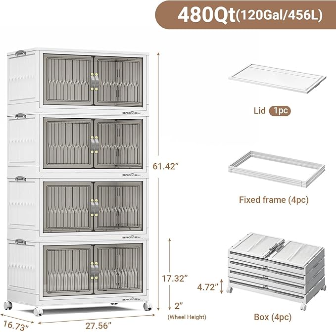 BROVIEW 480Qt Stackable Storage Bins with Lid, Extra Large Closet Organizer Collapsible Drawer Boxes with Wheels, Folding Plastic Cabinet Containers for Home Kitchen Room Organization, 4Pack White
