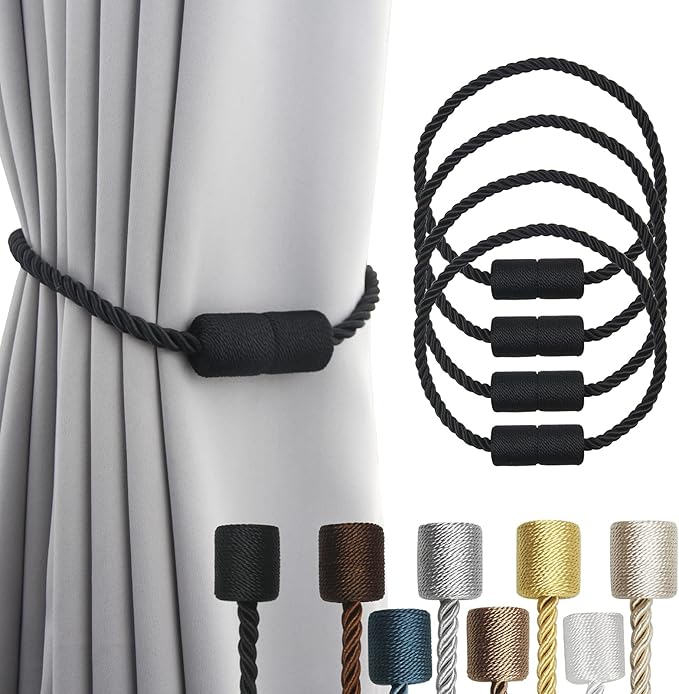 4 Pack Strong Magnetic Curtain Tiebacks Outdoor Elegant Decorative Tie Backs Modern Rope Tiebacks for Drapes Window Curtain Holdbacks for Draperies- Black