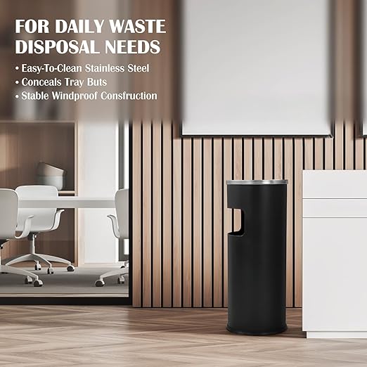 Trash Can Outdoor Waste Container Round Stainless Steel Trash Can with Removable Inner Bucket for Disposal Commercial Waste Container 9.8 x 24-Black