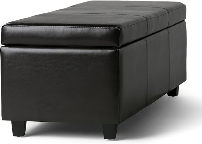 SIMPLIHOME Avalon 48 inch Wide Contemporary Rectangle Storage Ottoman Bench in Tanners Brown Vegan Faux Leather, Assembled, For the Living Room, Entryway and Family Room