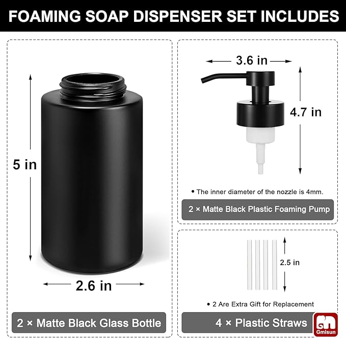 GMISUN Foaming Soap Dispenser, 10 Fl oz/300 ml Matte Black Glass Foaming Hand Soap Dispenser, 2Pcs Hand Soap Dispensers for Bathroom & Kitchen, Refillable Foam Soap Pump Bottle with Waterproof Labels