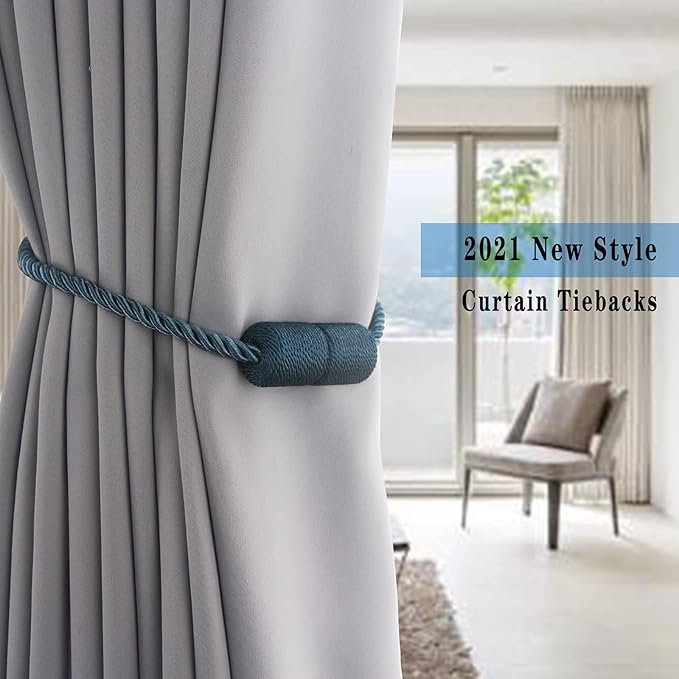 2 Pack Strong Magnetic Curtain Tiebacks Outdoor Elegant Decorative Tie Backs Modern Rope Tiebacks for Drapes Window Curtain Holdbacks for Draperies- Blue