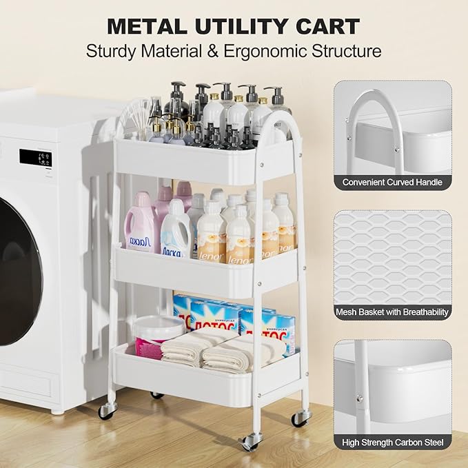 EAGMAK 3 Tier Rolling Cart Under Desk, Large Metal Storage Cart with Handle and Lockable Wheels, Big Multifunctional Storage Organizer Trolley for Kitchen, Living Room, Office, Garage (White)
